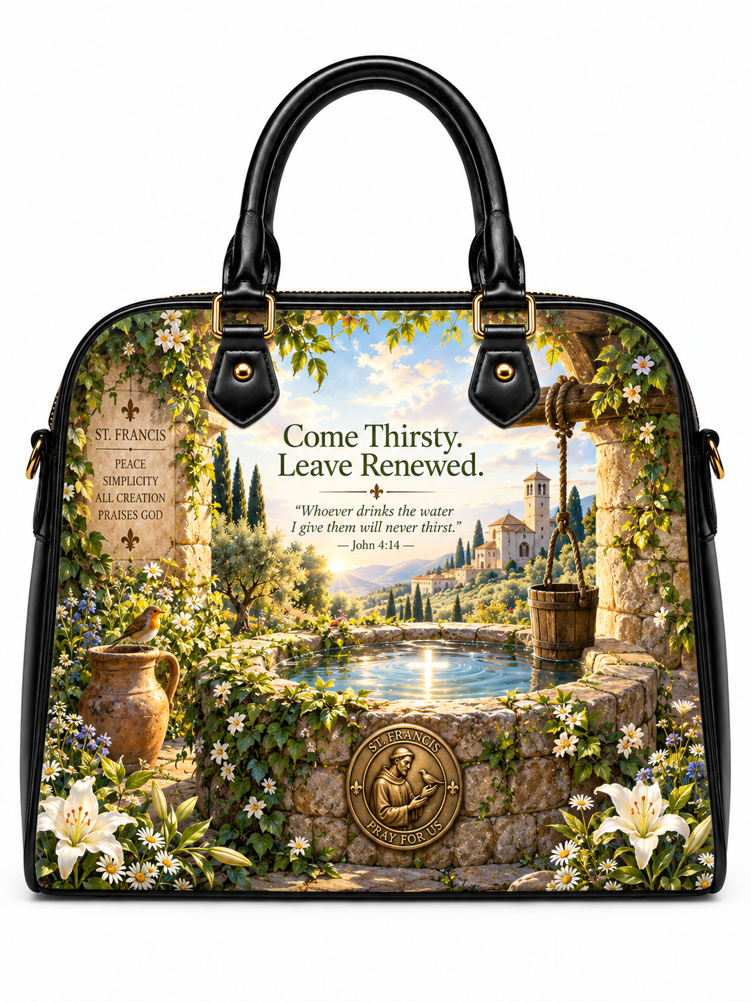 A structured black handbag with gold-tone hardware and dual top handles, featuring a large printed scenic design of a stone well surrounded by flowers and greenery, with text reading 'Come Thirsty, Leave Renewed.' and a St.