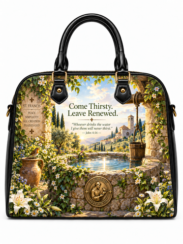 A structured black handbag with gold-tone hardware and dual top handles, featuring a large printed scenic design of a stone well surrounded by flowers and greenery, with text reading 'Come Thirsty, Leave Renewed.' and a St.