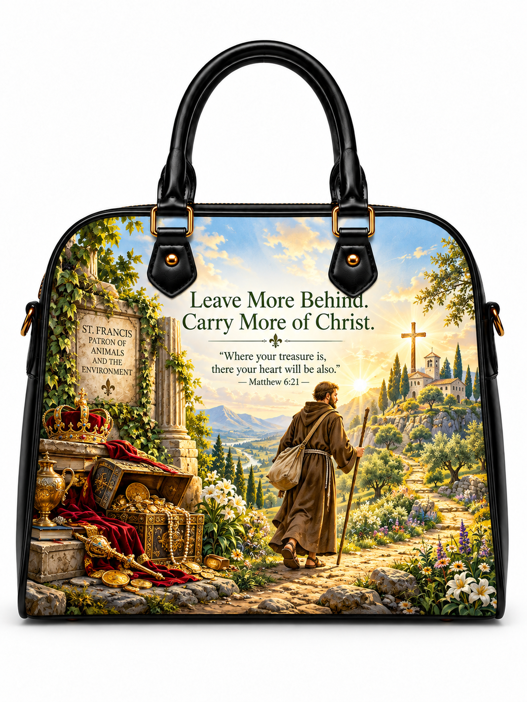 A structured black handbag with double top handles and gold-tone hardware, featuring a large printed religious scene on the front. The artwork shows a robed saint walking along a path toward a cross and church, with treasure and a tombstone beside him.