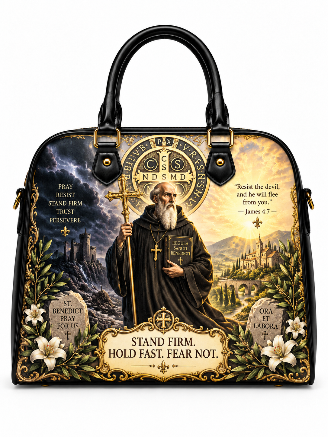 A structured black handbag with double top handles and gold-tone hardware, featuring a large printed religious design. The artwork shows a bearded saint in a brown robe holding a gold cross, surrounded by a circular 'OSNDMD' emblem, floral borders, tombstone quotes, and scenic landscape elements on a white background.