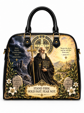 A structured black handbag with double top handles and gold-tone hardware, featuring a large printed religious design. The artwork shows a bearded saint in a brown robe holding a gold cross, surrounded by a circular 'OSNDMD' emblem, floral borders, tombstone quotes, and scenic landscape elements on a white background.