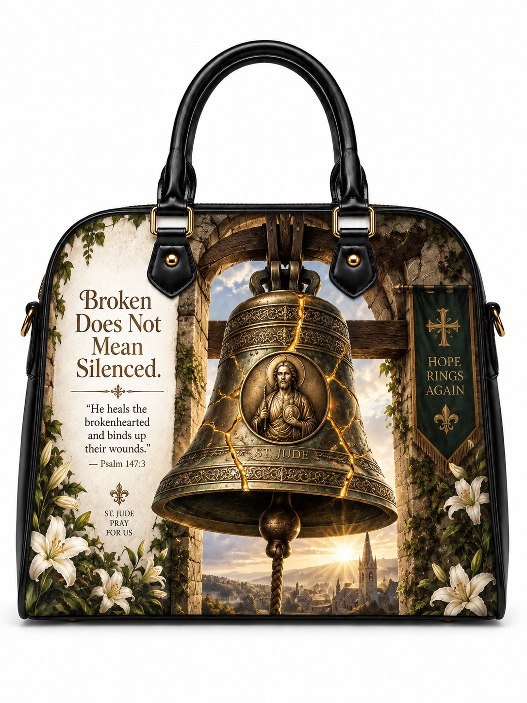 A structured black handbag with double top handles, featuring a detailed religious graphic print. The print depicts a large cracked bronze bell with a saint's portrait, surrounded by a stone archway, white lilies, and Bible verses from St.