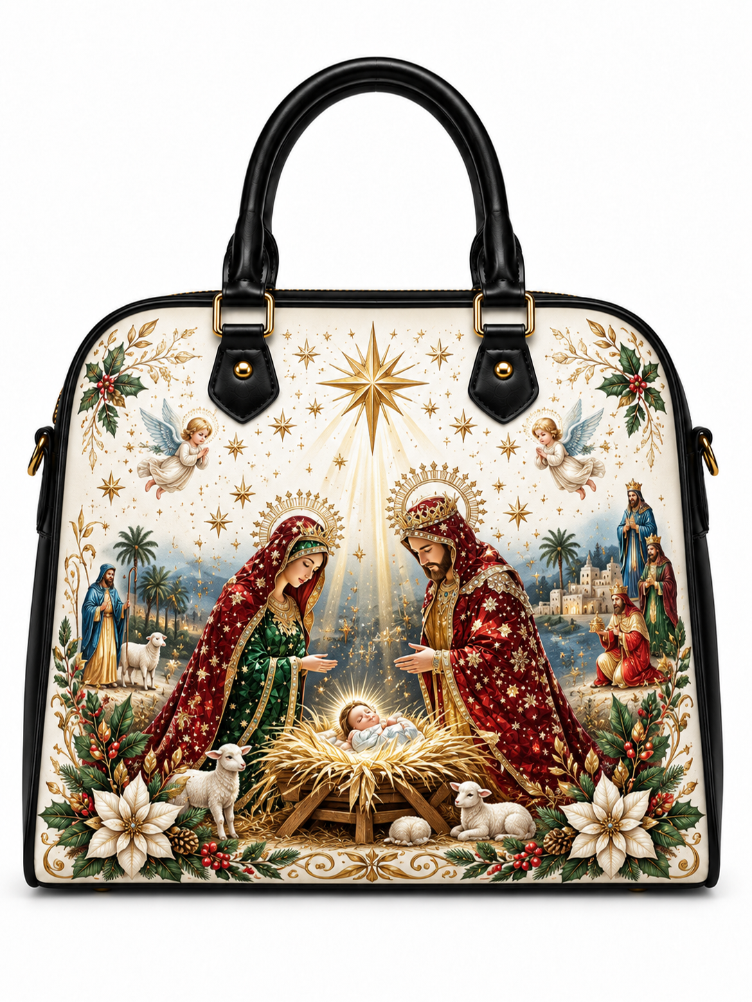 A structured black leather handbag with a large, detailed Christmas Nativity print on the front. The print features Mary, Joseph, baby Jesus in a golden manger, angels, stars, and shepherds.