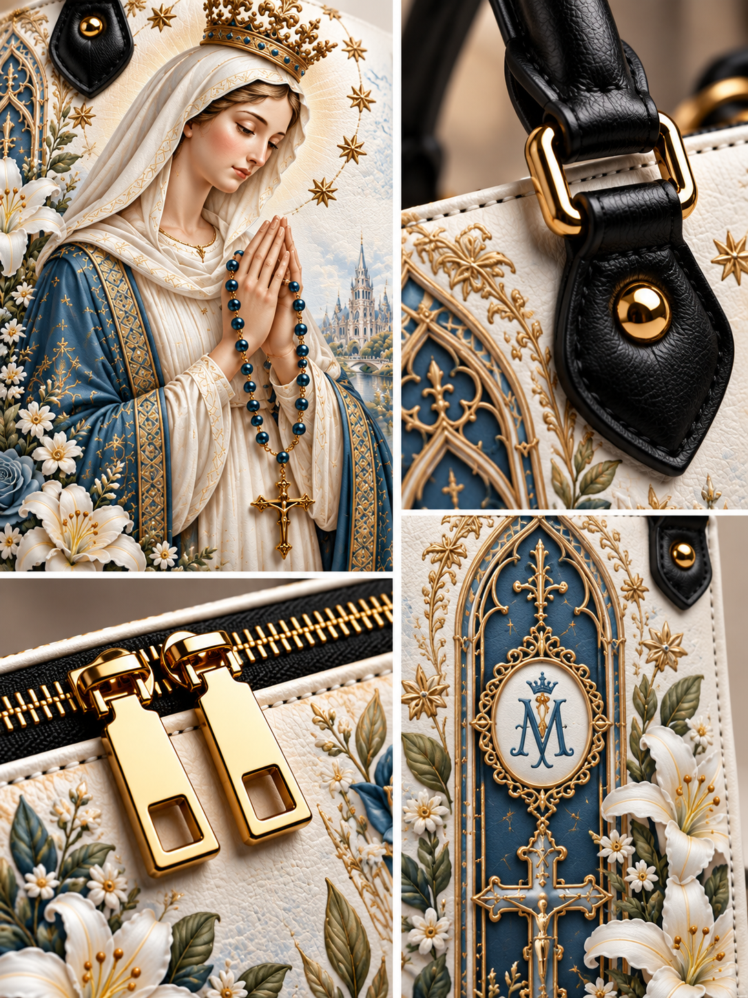 A collage showing close-up details of a handbag: a printed religious artwork of the Virgin Mary with a rosary, black leather strap hardware with gold accents, gold zipper pulls, and a decorative panel with a monogram 'M' in a blue and gold gothic arch surrounded by white lilies.