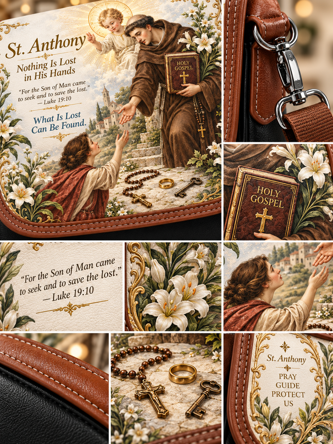Collage of a St. Anthony religious leather pouch and matching accessories, including a brown leather pouch with printed St.