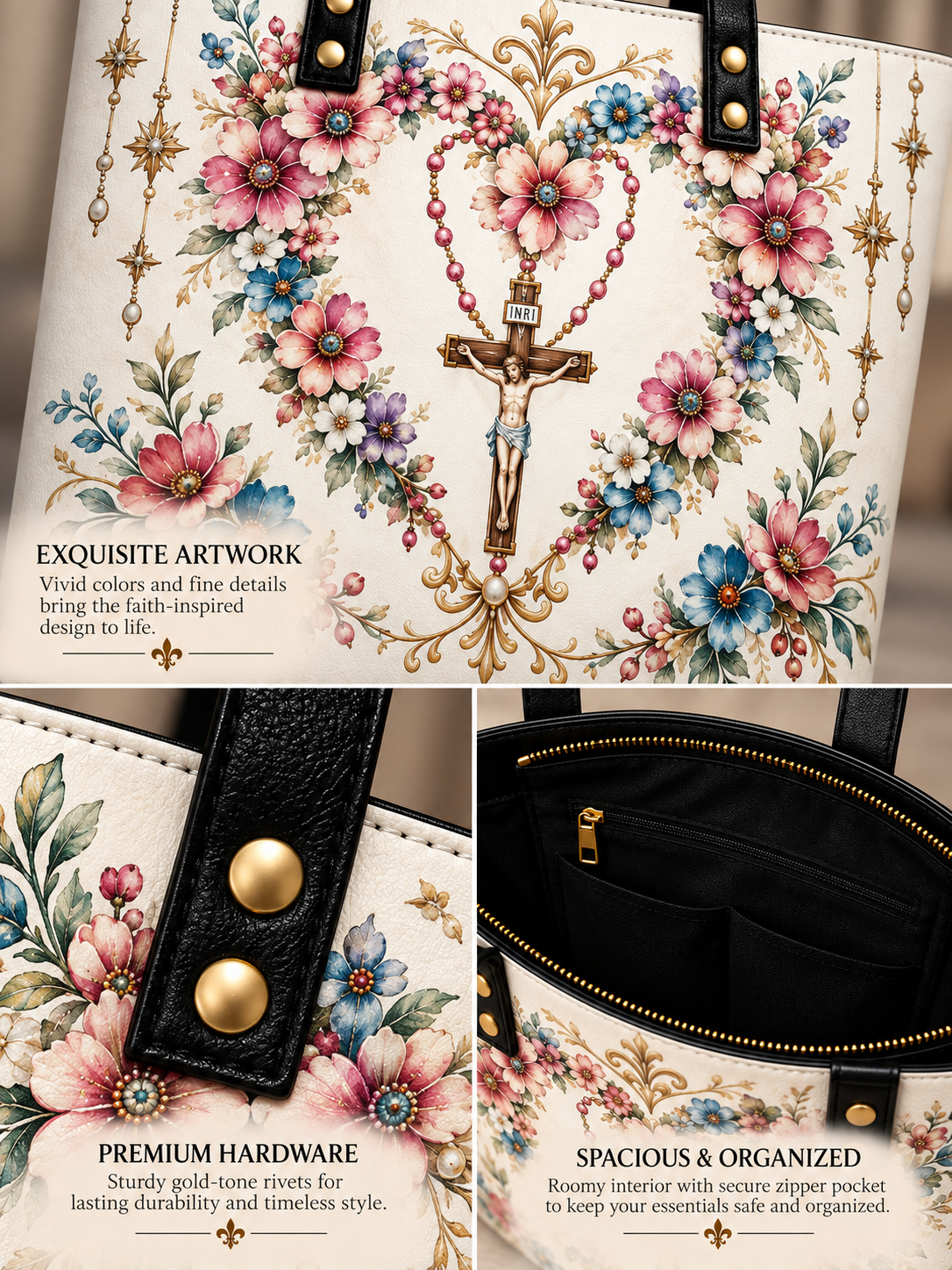 A collage showing a floral and religiously themed tote bag. The top panel shows the exterior with a cream base, pink and blue flowers, gold filigree, and a central crucifix with a rosary heart.