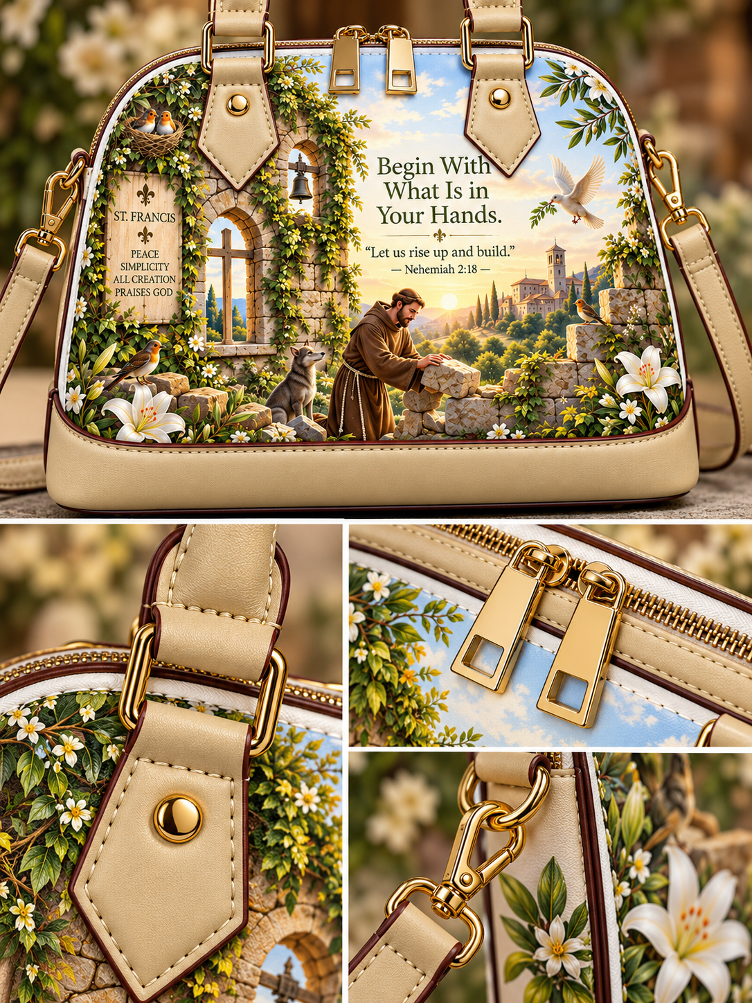 A structured handbag shown in a collage with a large front view and three detail insets. The bag has a cream and tan leather-like trim with gold-tone hardware, and the main printed panel features a scenic religious illustration: a monk tending flowers by a stone well, white lilies, green vines, an archway, and a blue sky.