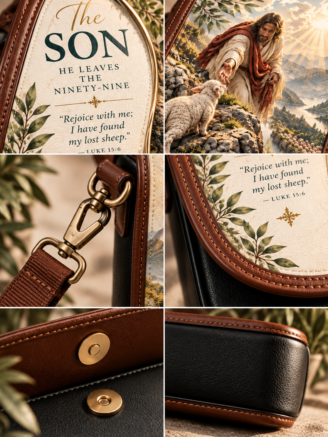 A six-panel collage showing a handbag in detail: a close-up of the printed front panel with the text “The Son He Leaves the Ninety-Nine” and a quote from Luke 15:9, a scene of Jesus and a sheep on the printed artwork, a strap attachment close-up, the printed quote on the side, and the black-and-brown bag body with a gold snap closure.