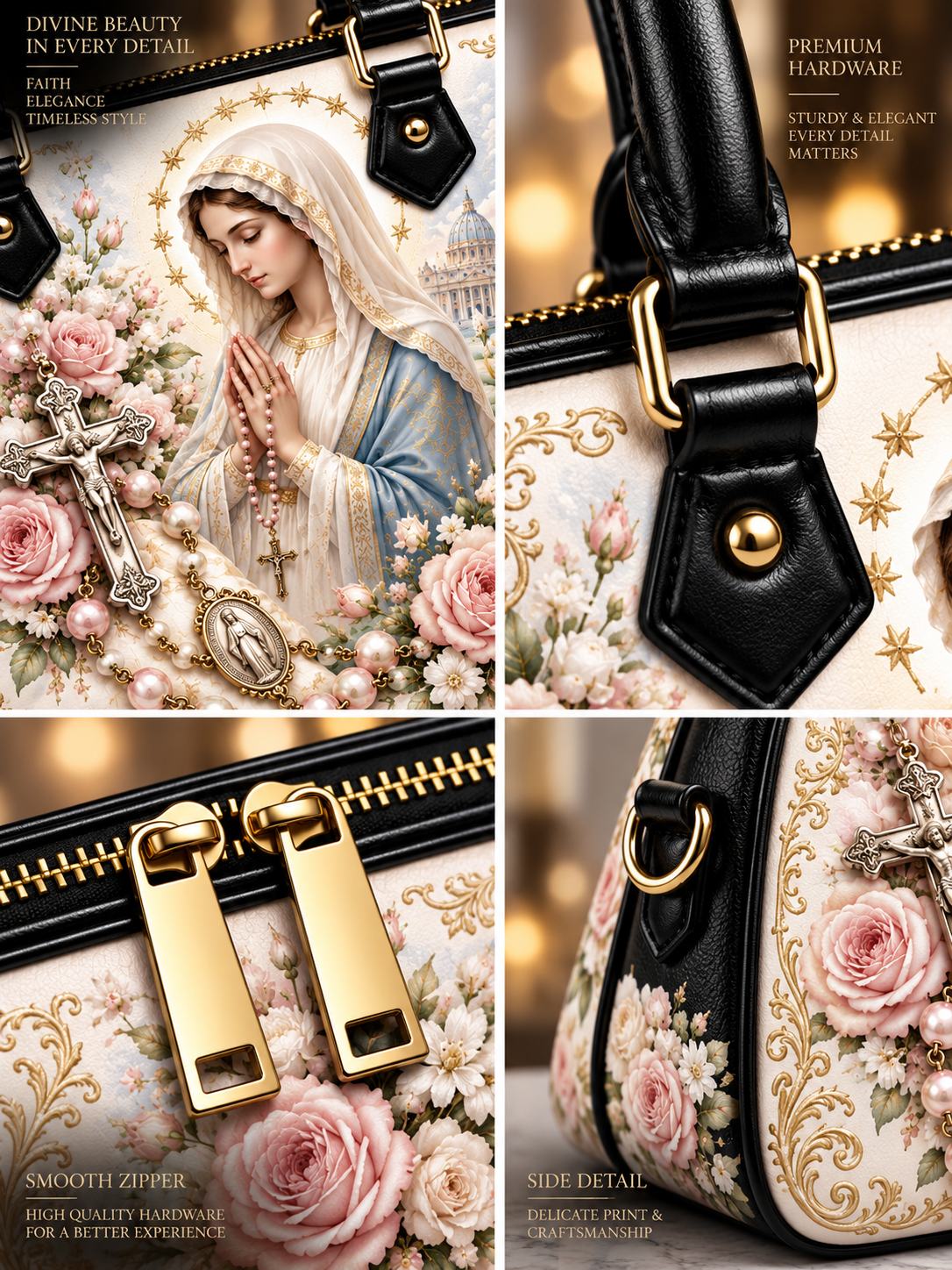 A four-panel collage showing a luxury handbag in close-up, decorated with a floral and religious print featuring a praying Virgin Mary, pink roses, gold stars, and black leather handles with gold hardware. Text overlays highlight premium hardware, smooth zipper, side detail, and divine beauty in every detail.