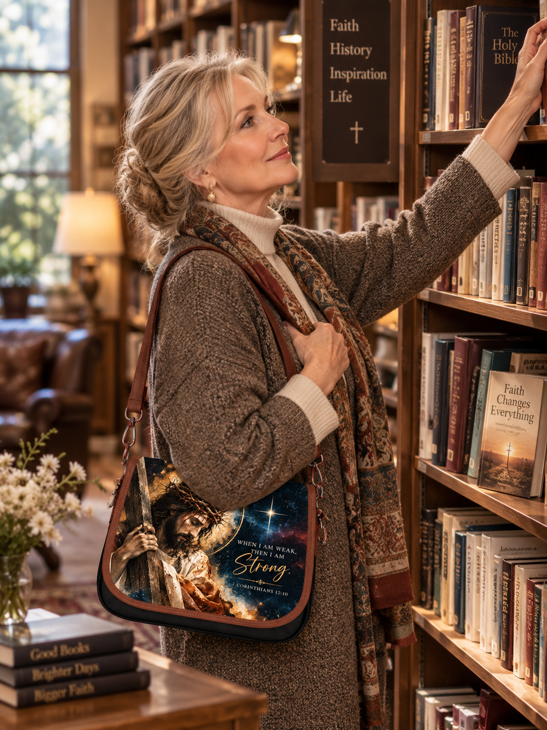 A messenger-style shoulder bag with a brown leather trim and a large printed graphic on the front showing Jesus carrying a cross against a starry night sky. The text on the print reads, 'WHEN I AM WEAK, THEN I AM Strong' and 'CORINTHIANS 12:10'.