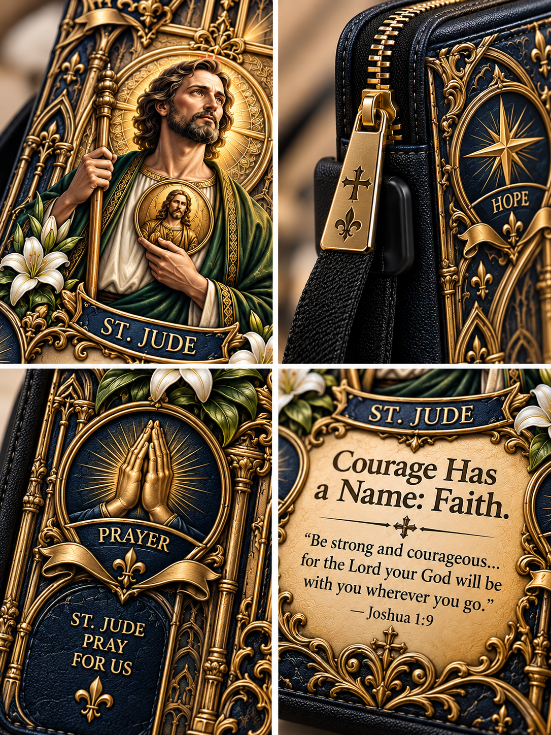 A four-panel close-up collage of a decorative St. Jude religious pouch or wallet.