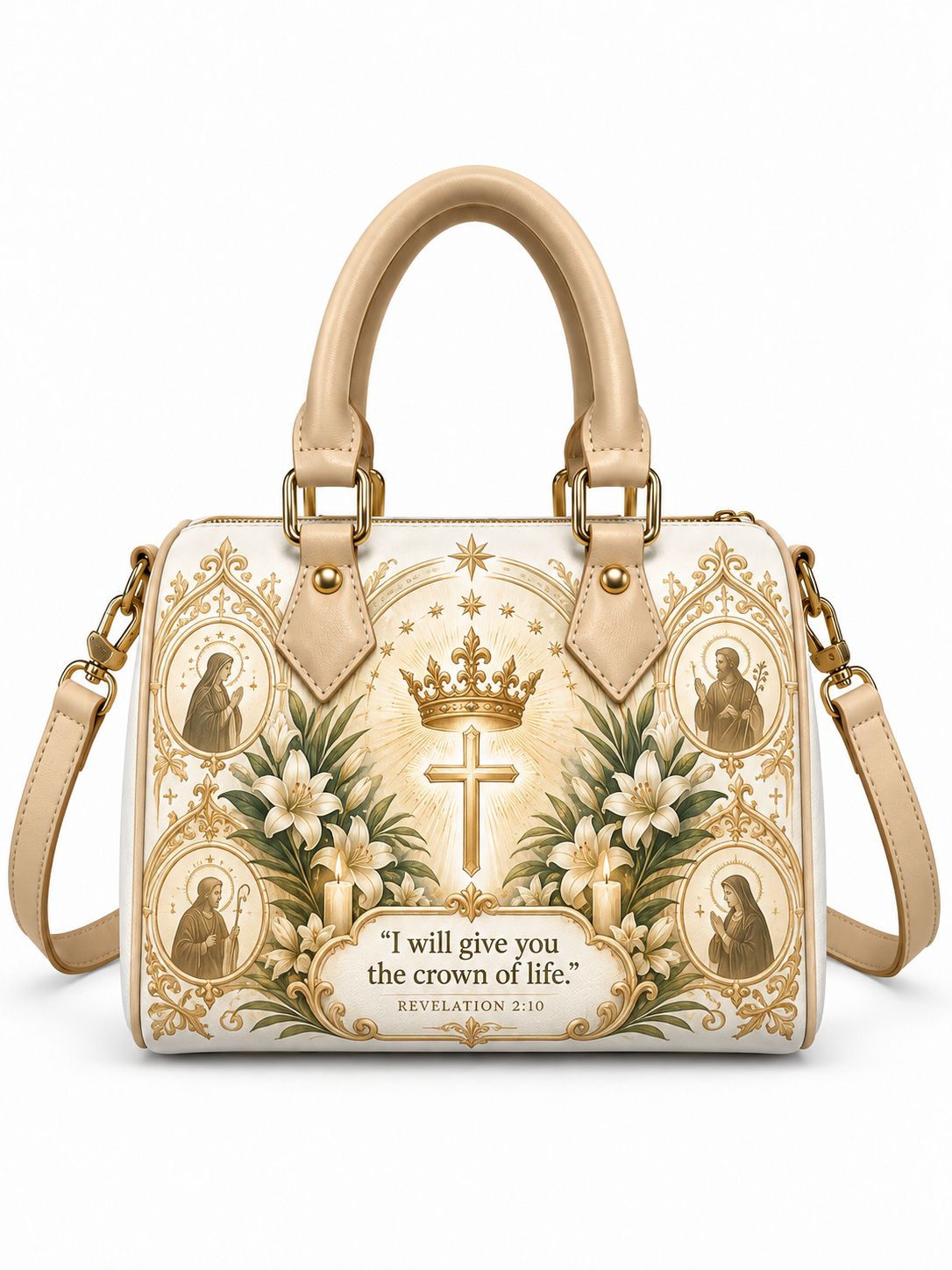 A structured handbag with beige handles and a matching shoulder strap, decorated with a religious design featuring a central gold cross, a crown, white lilies, saint portraits, and the Bible verse 'I will give you the crown of life' from Revelation 2:10.