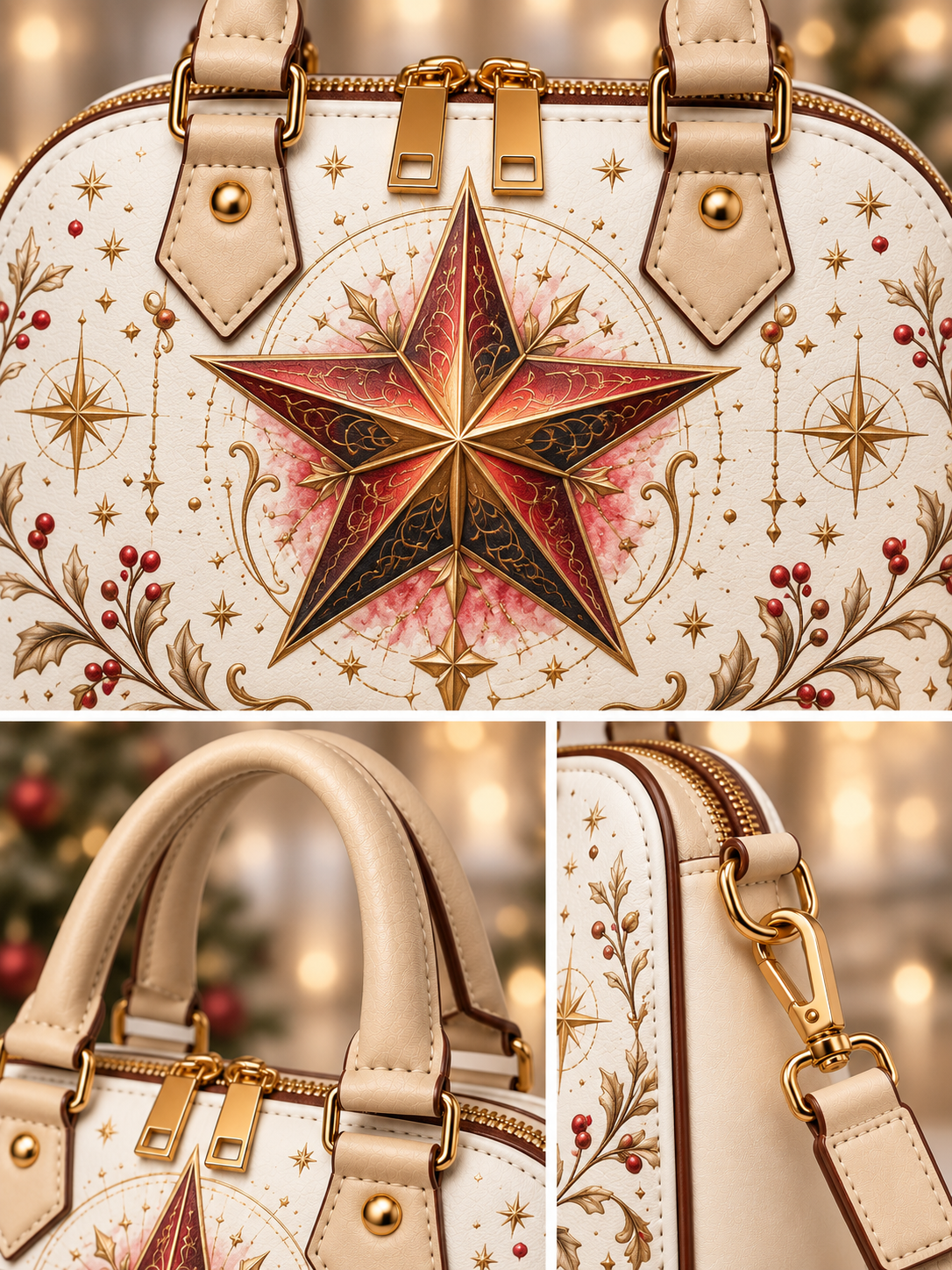 A cream-colored handbag with gold-tone hardware and a large red and gold star motif on the front, shown in a three-panel collage with close-up views of the handles, zippers, and side detail against a warm holiday bokeh background.
