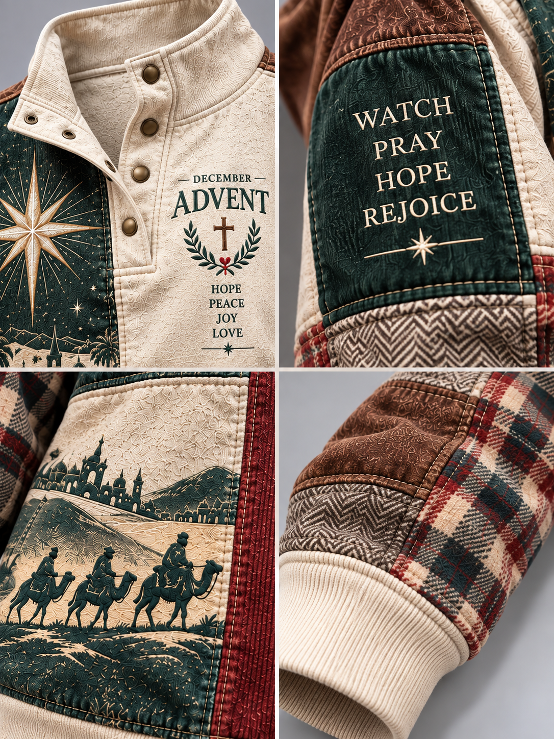 A four-panel close-up collage of a patchwork quilted jacket. The top-left panel shows a cream-colored collar and chest panel with a dark green star design and the text 'DECEMBER ADVENT HOPE PEACE JOY LOVE'.