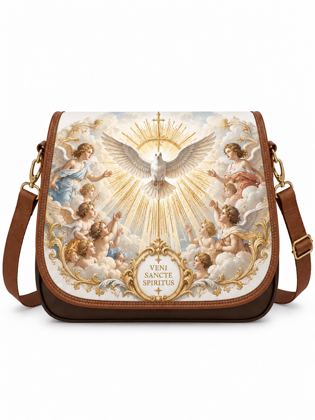 A brown leather shoulder bag featuring a large, detailed religious print of the Holy Spirit (Diva Sancta) on the front flap, with gold trim and a matching brown leather strap, shown against a plain white background.