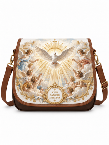 A brown leather shoulder bag featuring a large, detailed religious print of the Holy Spirit (Diva Sancta) on the front flap, with gold trim and a matching brown leather strap, shown against a plain white background.
