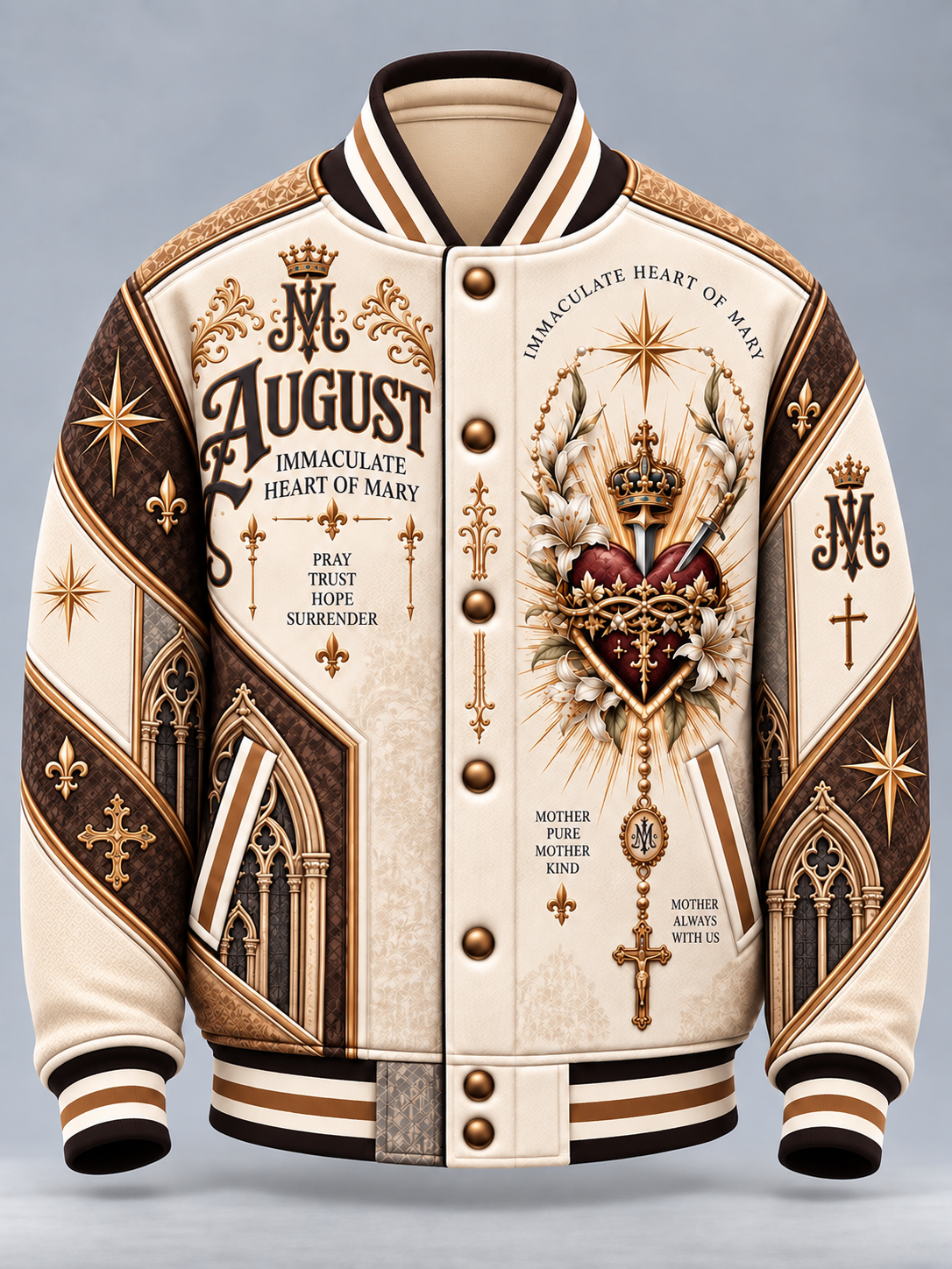 A cream and brown varsity-style jacket with ornate religious and gothic graphic prints, including 'August Immaculate Heart of Mary' text, crosses, stars, and a large central heart motif, shown on a light gray background.
