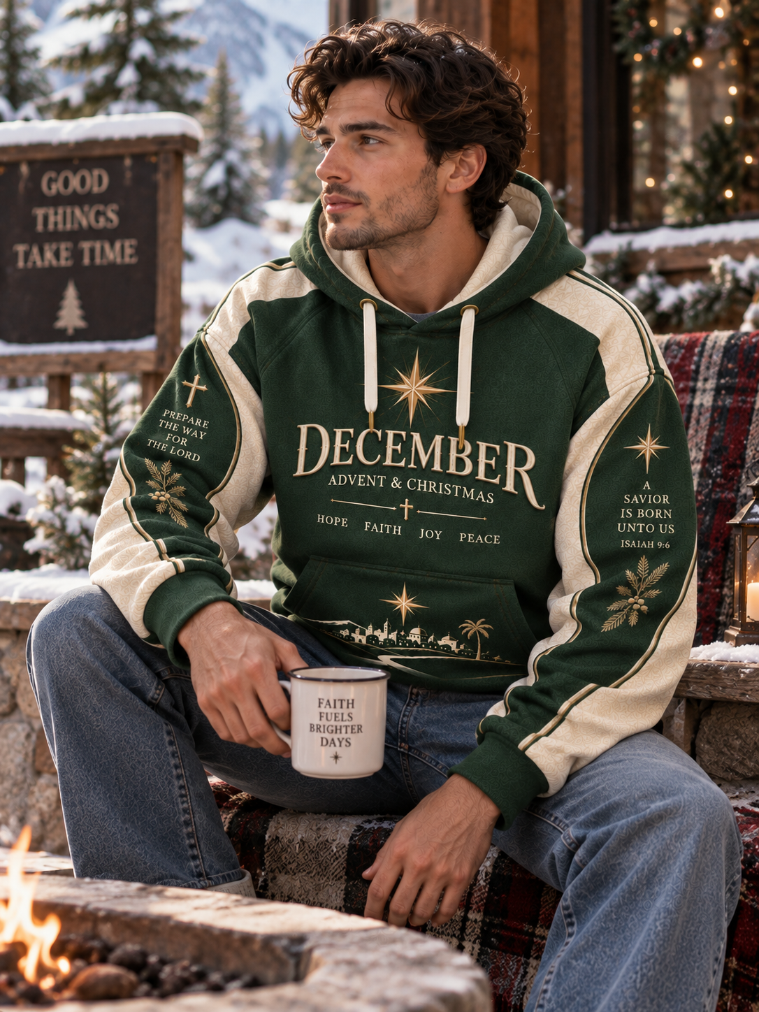 A dark green and beige pullover hoodie with Christmas-themed graphics, including 'DECEMBER Advent & Christmas' text, star motifs, and a scenic illustration on the front pocket, shown against a neutral gray background.