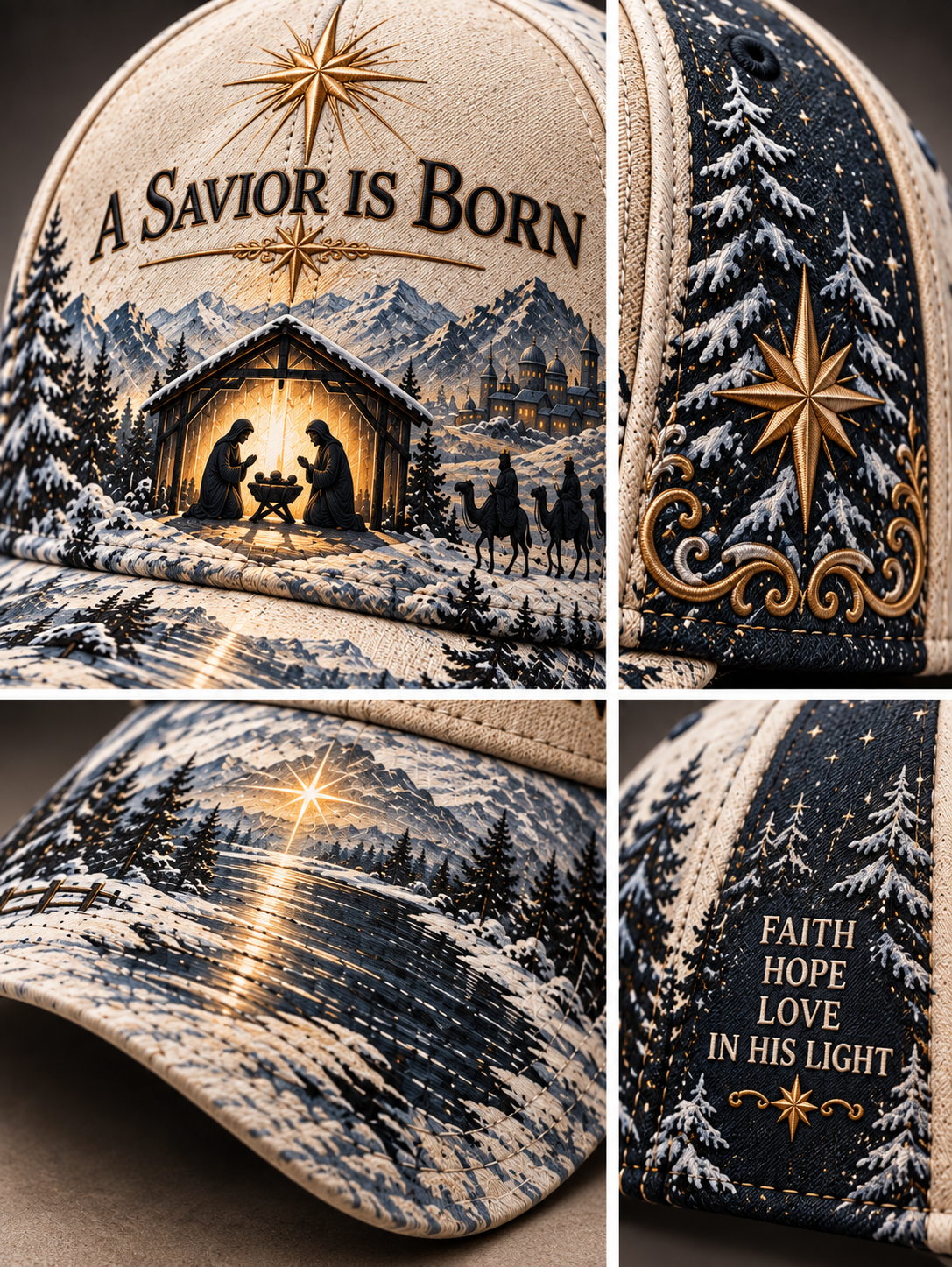 A Christmas-themed trucker cap shown in a four-panel collage, featuring a nativity scene on the front, snowy pine trees and gold star motifs on the side panels, and the phrases 'A SAVIOR IS BORN' and 'FAITH HOPE LOVE IN HIS LIGHT' on the brim.