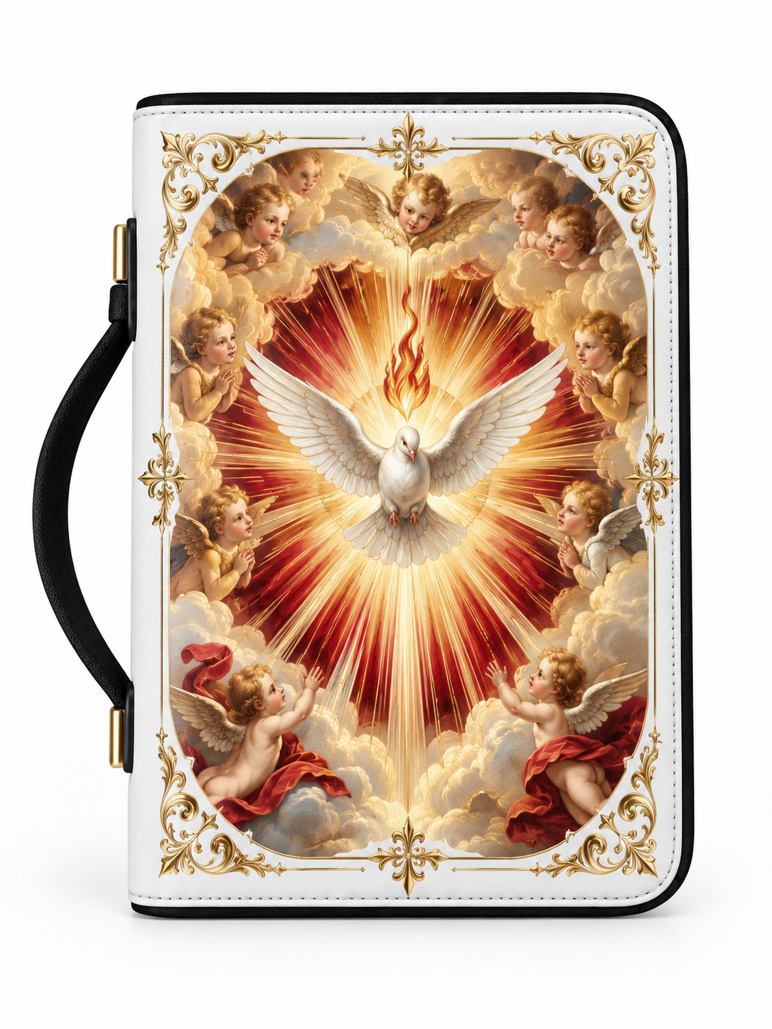 A white faux-leather zippered Bible or book cover with a black handle, featuring a detailed religious print of the Holy Spirit as a white dove surrounded by cherubs and golden rays, framed by gold ornamental borders.