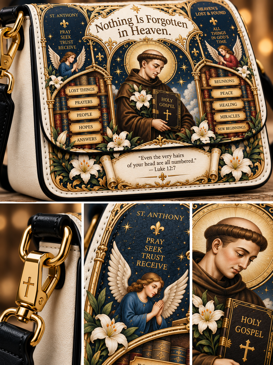 A close-up of a decorative crossbody bag with a detailed religious print featuring St. Anthony, gold hardware, and cream leather trim.