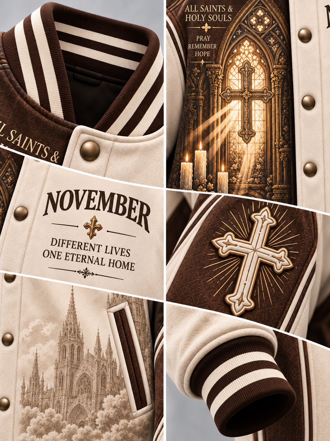 A close-up collage of a varsity-style jacket showing cream and dark brown panels, striped ribbed collar and cuffs, metallic snap buttons, a large cross emblem on the sleeve, and gothic cathedral artwork with candlelight and the text 'November' and 'All Saints & Holy Souls.'.
