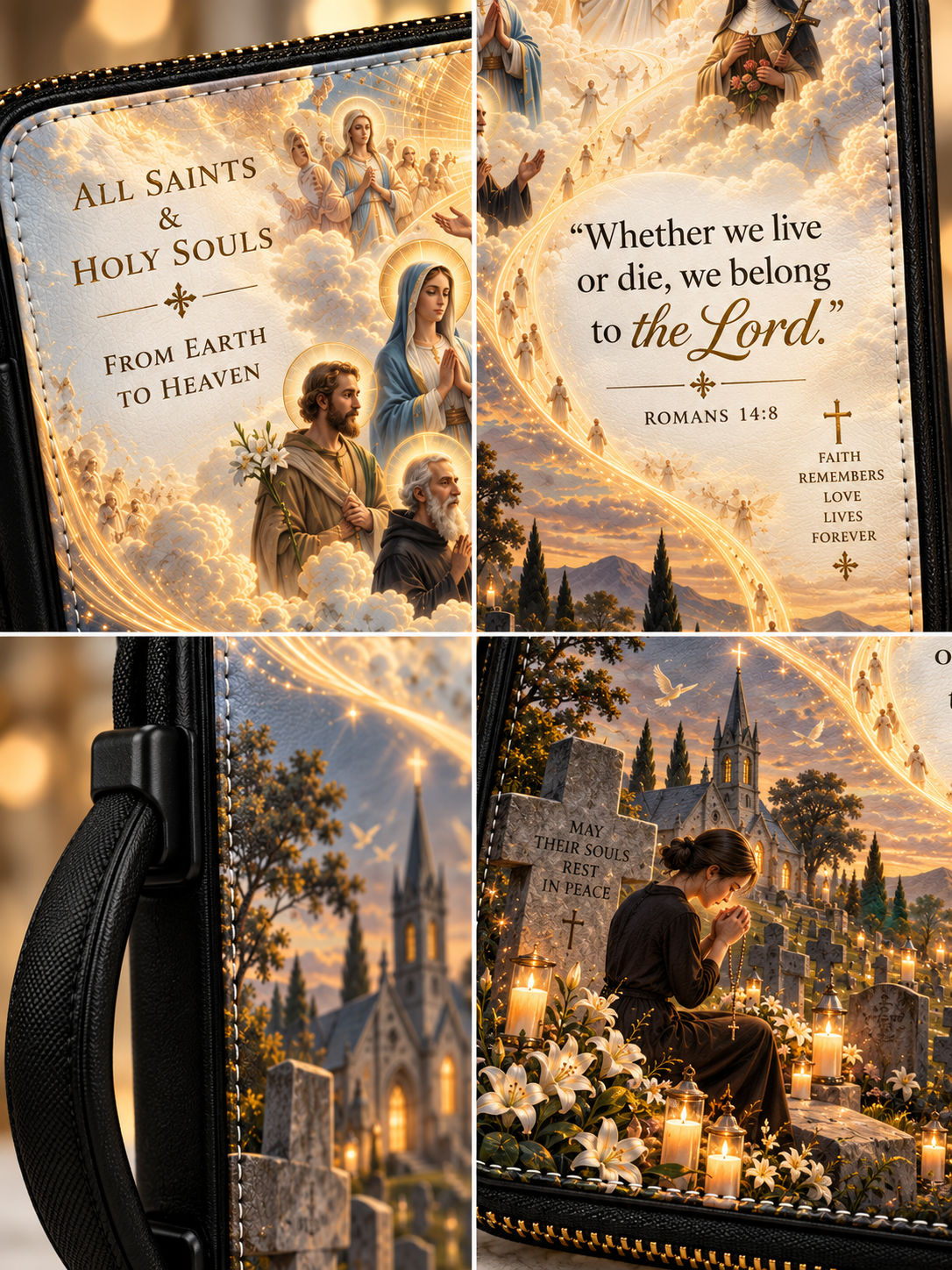 A close-up collage of a black zippered wallet or phone case featuring detailed religious artwork. The design includes golden clouds, biblical figures, a scripture quote from Romans 14:8, and a cemetery scene with candles and gravestones.
