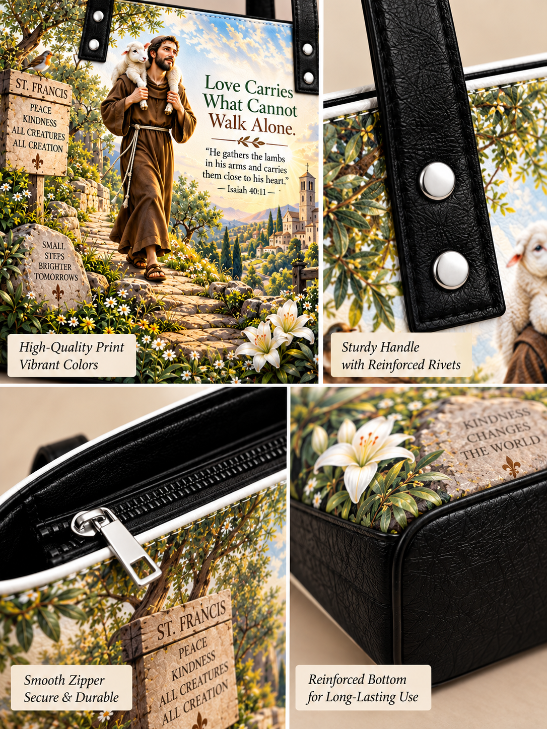 A collage showing a black tote bag with a detailed St. Francis of Assisi print on the front and sides.