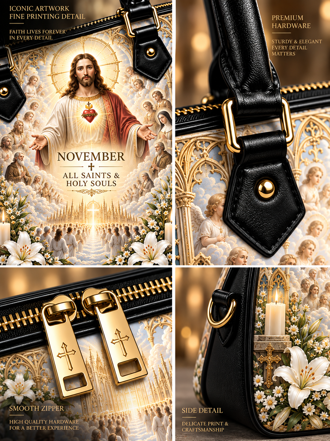 A luxury handbag shown in a four-panel collage with close-up details of its hardware, zipper pullers, side profile, and printed artwork. The bag features a black leather handle and trim over a detailed religious print of Jesus and saints, white lilies, gold floral accents, and gold zipper pulls with cross motifs.