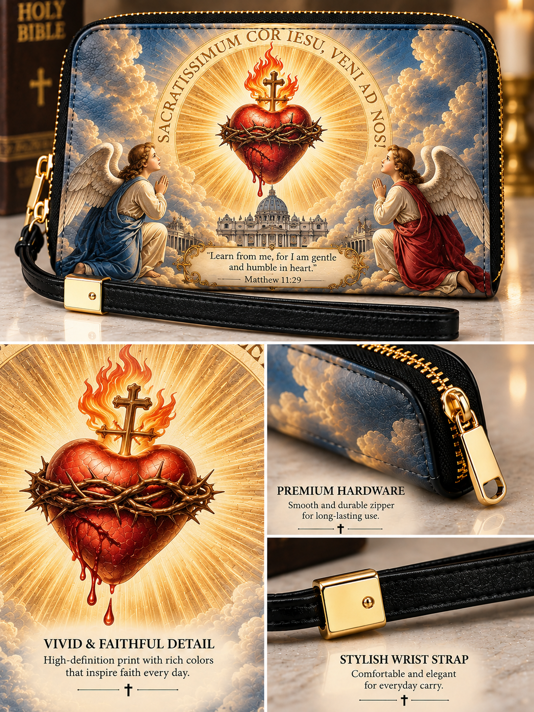 A zip-around wristlet clutch shown in a three-panel collage. The top panel shows the full bag with a printed religious design featuring two angels, a flaming red heart with a cross, clouds, and gold text.