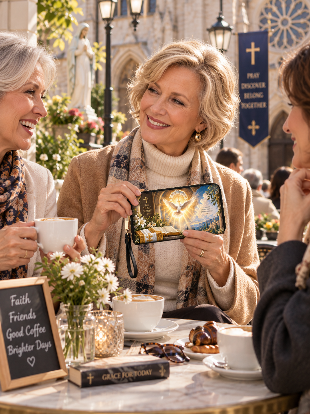 Three women sitting at an outdoor cafe table, with the central woman holding a black phone case featuring a glowing golden cross design. The scene includes coffee cups, pastries, flowers, and a church sign in the background.