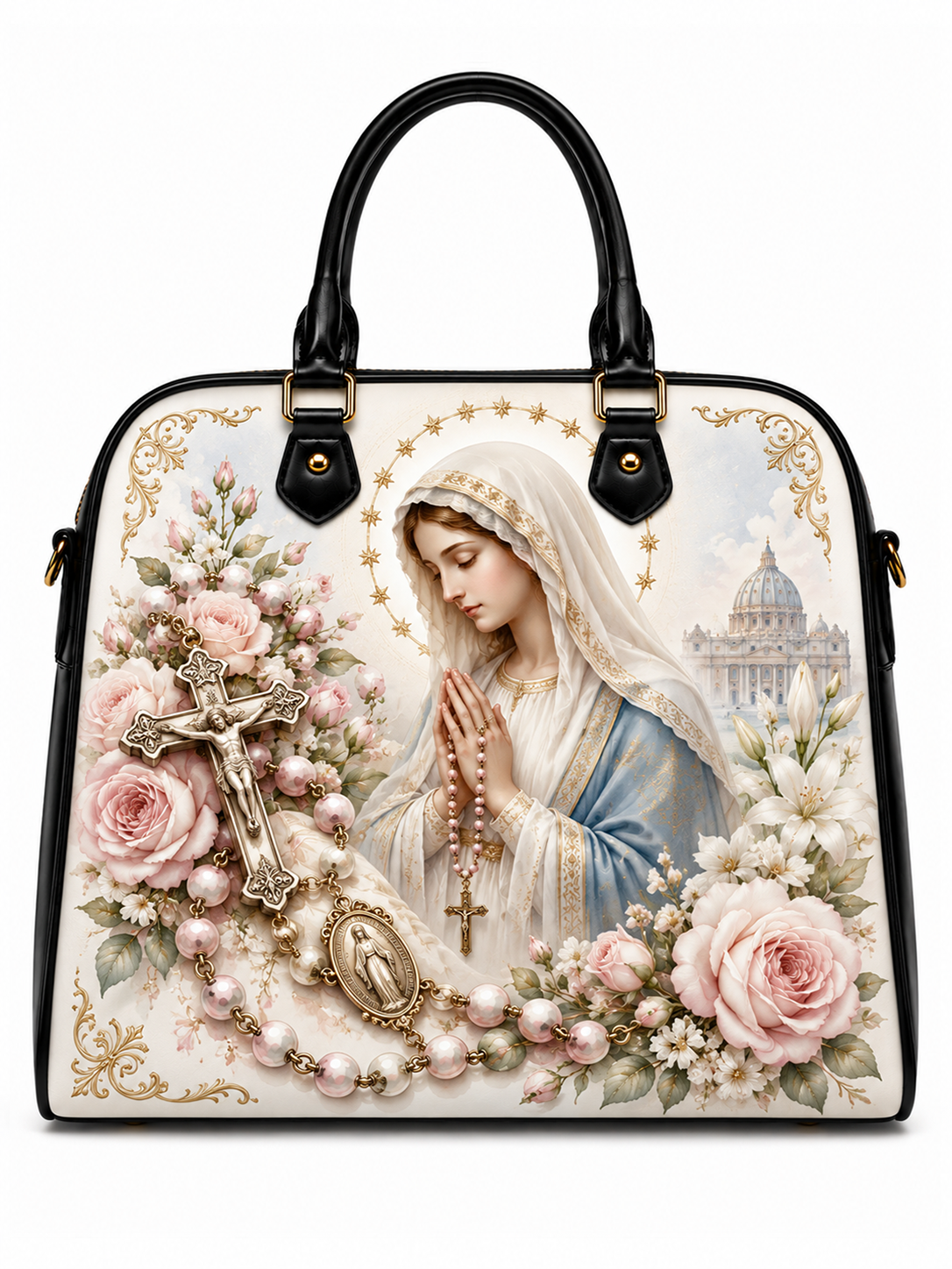 A structured black leather handbag with a large printed religious design featuring the Virgin Mary, rosary beads, a crucifix, pink roses, and a distant domed cathedral on a white background.