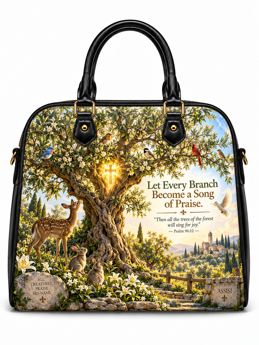 A structured black leather handbag with gold-tone hardware, featuring a large printed scenic design on the front. The artwork depicts a sunlit tree with white blossoms, a deer, rabbits, birds, and a mountain village, alongside the text 'Let Every Branch Become a Song of Praise' and scripture reference Psalm 96:52.
