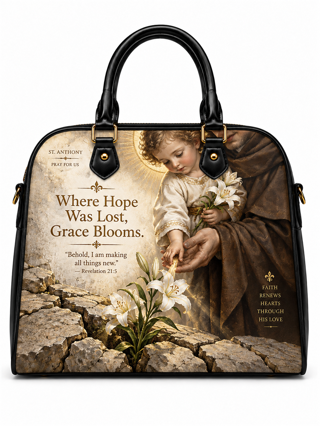 A structured black handbag with double top handles and gold-tone hardware, featuring a large printed religious artwork on the front. The print shows a haloed child in brown and cream robes holding white lilies beside cracked stone ground and the text, 'Where Hope Was Lost, Grace Blooms.