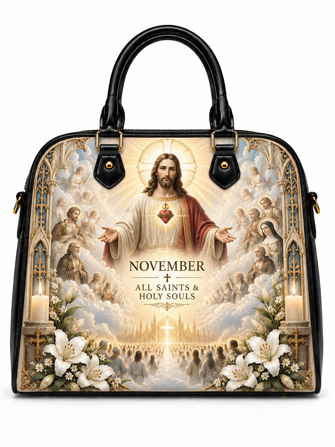 A structured black handbag with a large religious illustration printed on the front. The artwork shows Jesus with outstretched hands, saints, clouds, candles, white lilies, and the text 'NOVEMBER + ALL SAINTS + HOLY SOULS'.