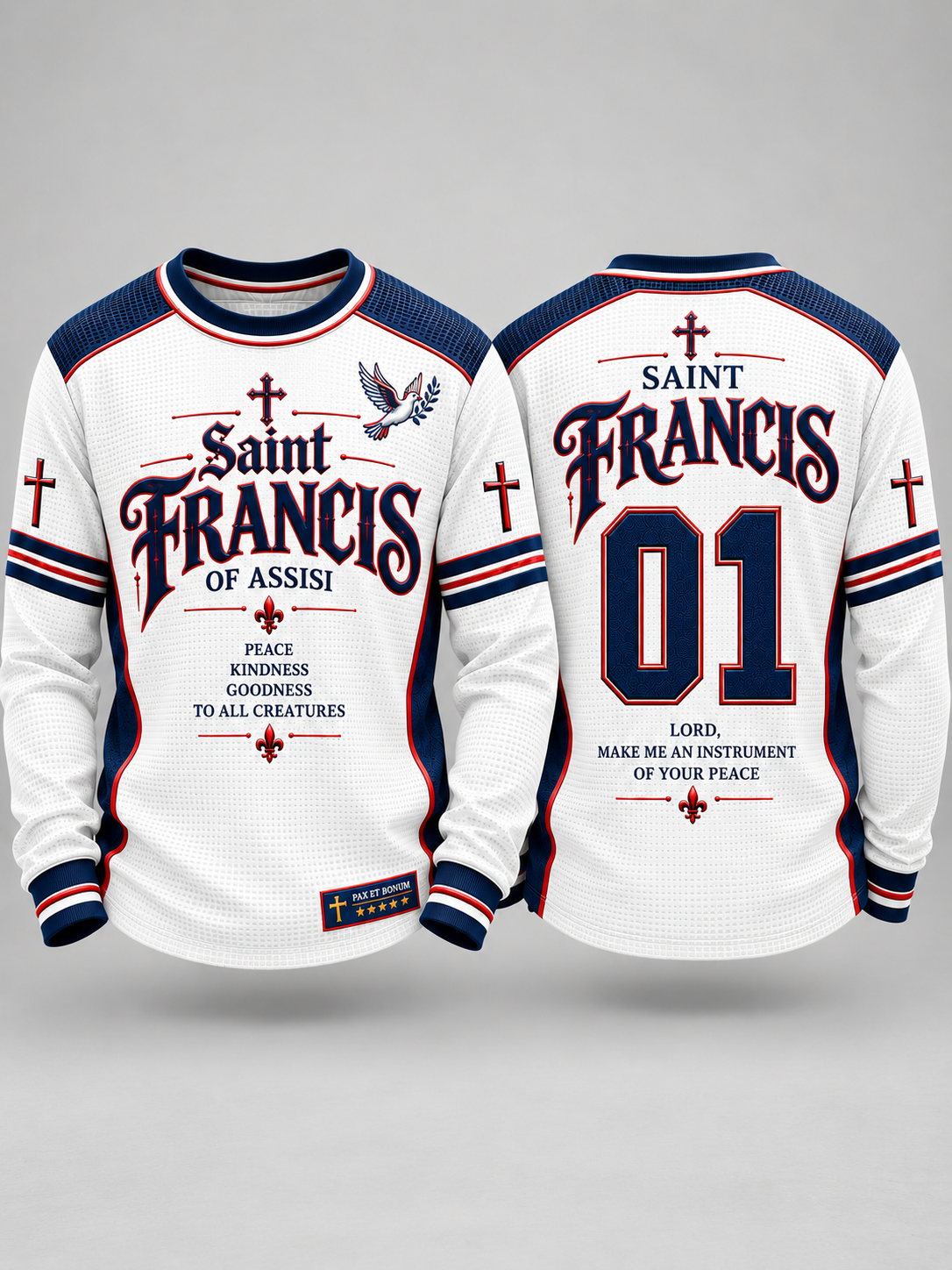 Front and back views of a white long-sleeve Saint Francis of Assisi sports jersey with navy and red accents, featuring the name 'Saint Francis of Assisi', cross motifs, and the number '01' on a light gray background.