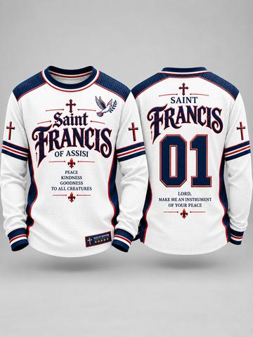 Front and back views of a white long-sleeve Saint Francis of Assisi sports jersey with navy and red accents, featuring the name 'Saint Francis of Assisi', cross motifs, and the number '01' on a light gray background.