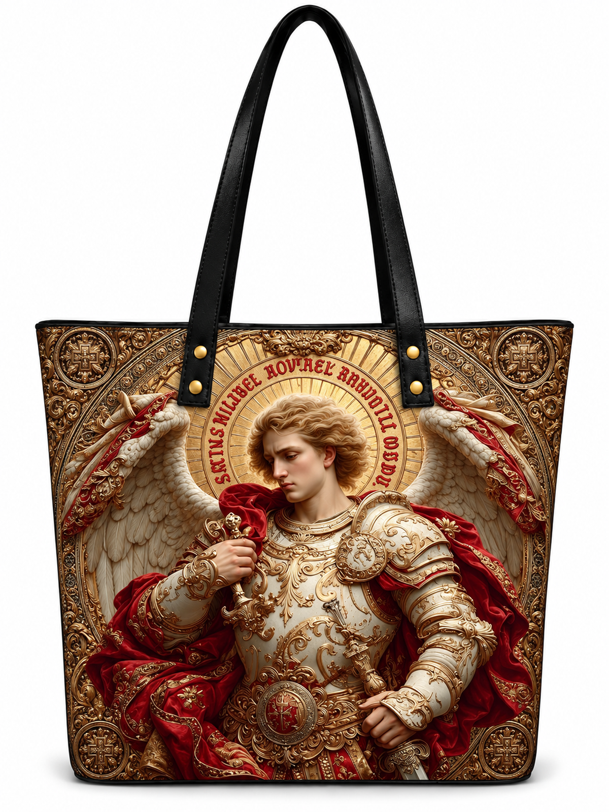 A large tote bag with black handles, featuring a detailed classical-style print of a winged angel in ornate gold armor with red draped fabric, shown on a plain white background.