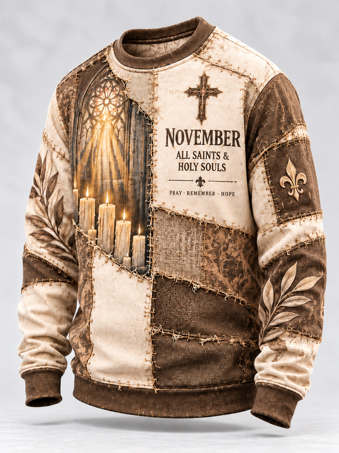 A long-sleeve crewneck sweatshirt with a distressed patchwork design in brown and beige. The front features a graphic of a cathedral window with candles and the text 'NOVEMBER ALL SAINTS & HOLY SOULS', alongside a cross, fleur-de-lis, and leaf motifs.