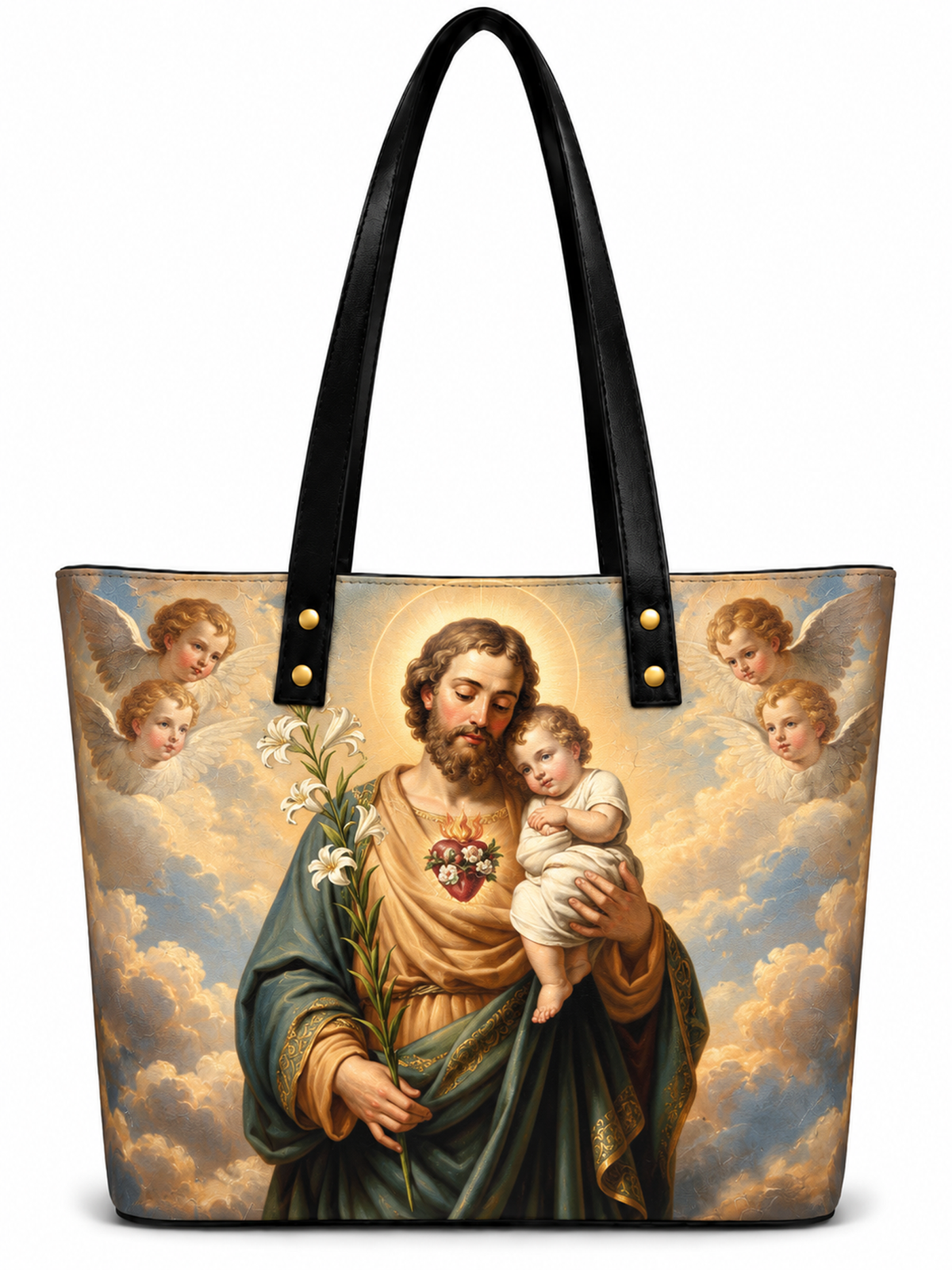 A large tote bag featuring a printed religious painting of Jesus holding the infant Christ, with angels and clouds in the background, black shoulder straps, and gold-tone hardware.