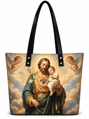 A large tote bag featuring a printed religious painting of Jesus holding the infant Christ, with angels and clouds in the background, black shoulder straps, and gold-tone hardware.