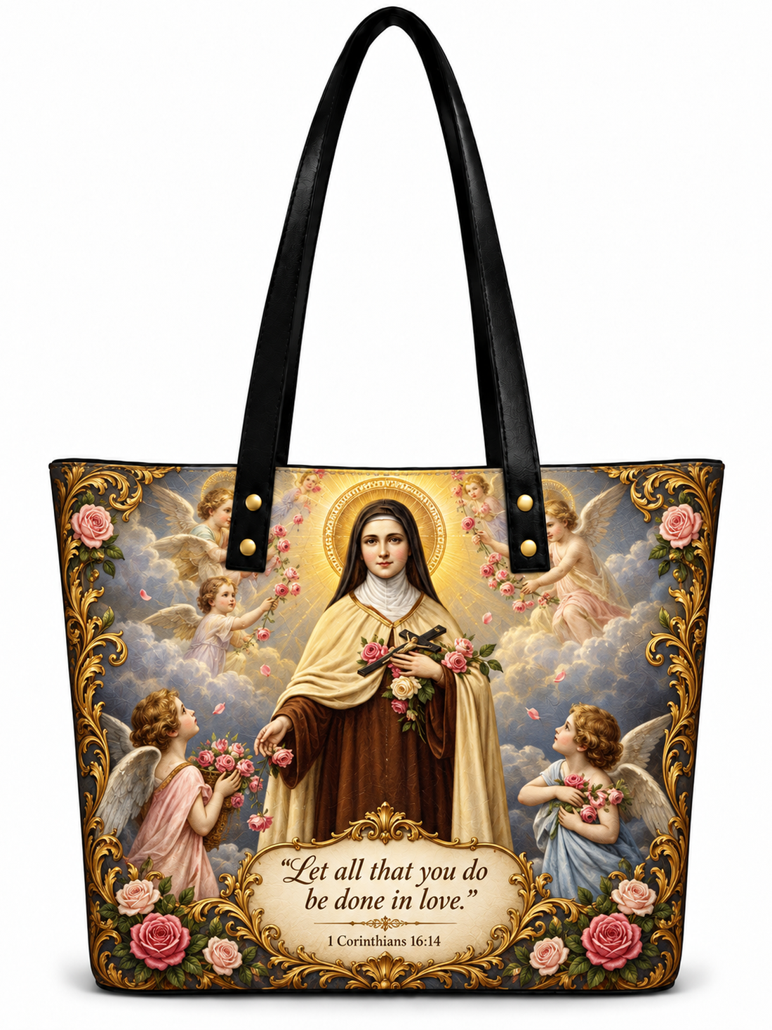 A tote bag with black shoulder straps, featuring a detailed religious print of a saint surrounded by cherubs and roses, with the text 'Let all that you do be done in love. 1 Corinthians 16:14' at the bottom.