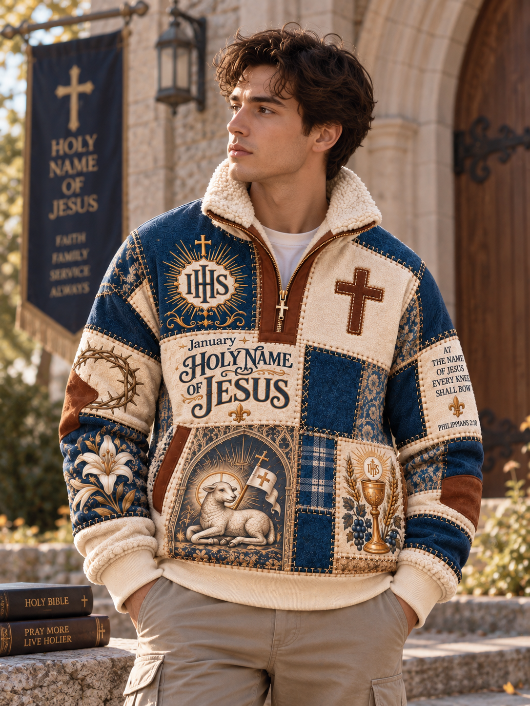 A quarter-zip patchwork sherpa fleece jacket featuring religious motifs, including the IHS monogram, a large cross, 'Holy Name of Jesus' text, a lamb illustration, and a chalice patchwork design in blue, beige, and brown.