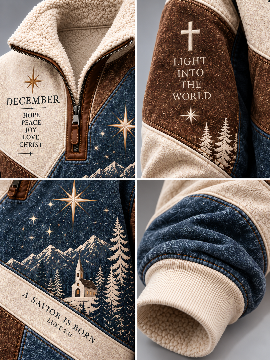 A four-panel close-up collage of a fleece quarter-zip jacket. The jacket has a cream sherpa lining, a brown and navy textured body, and printed graphics including a Christmas tree scene with a church and mountains, a cross with the text 'LIGHT INTO THE WORLD,' and 'DECEMBER' with a list of holiday words.