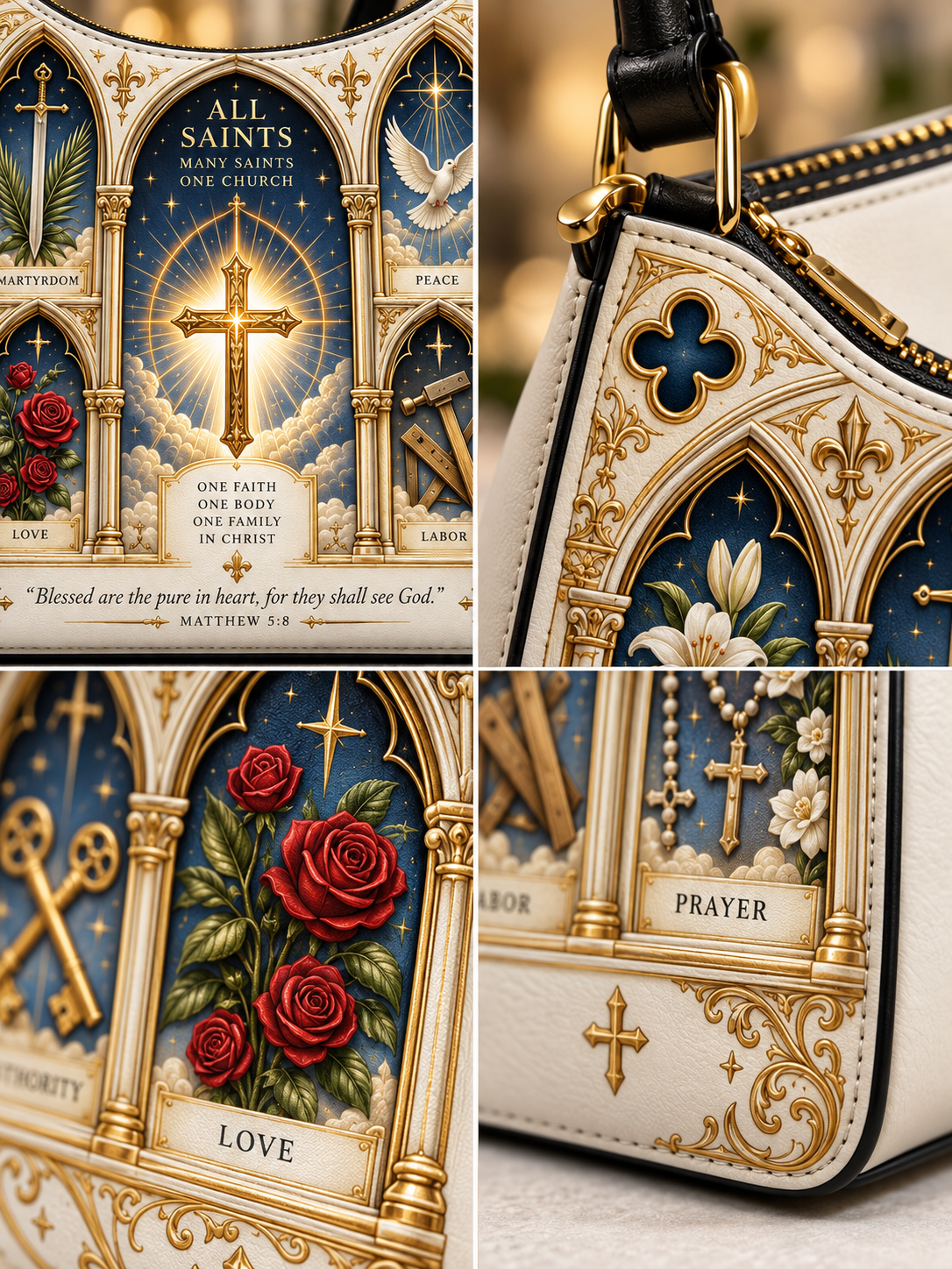 A close-up collage of a decorative handbag showing ornate gold gothic-style panels with religious artwork, including a central cross scene, red roses, keys, beads, and the words 'ALL SAINTS,' 'PRAYER,' and 'LOVE.'.