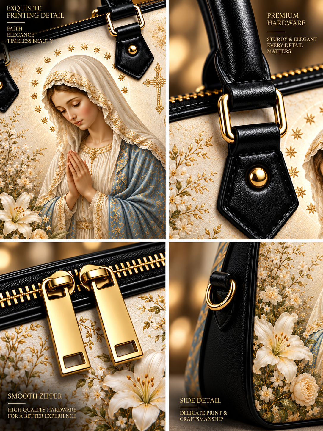 A four-panel close-up collage showing details of a handbag: a printed image of the Virgin Mary on the front, black leather handles and trim, gold-tone hardware, and a floral print on the side. Text callouts describe premium hardware, exquisite printing detail, smooth zipper, and side detail.