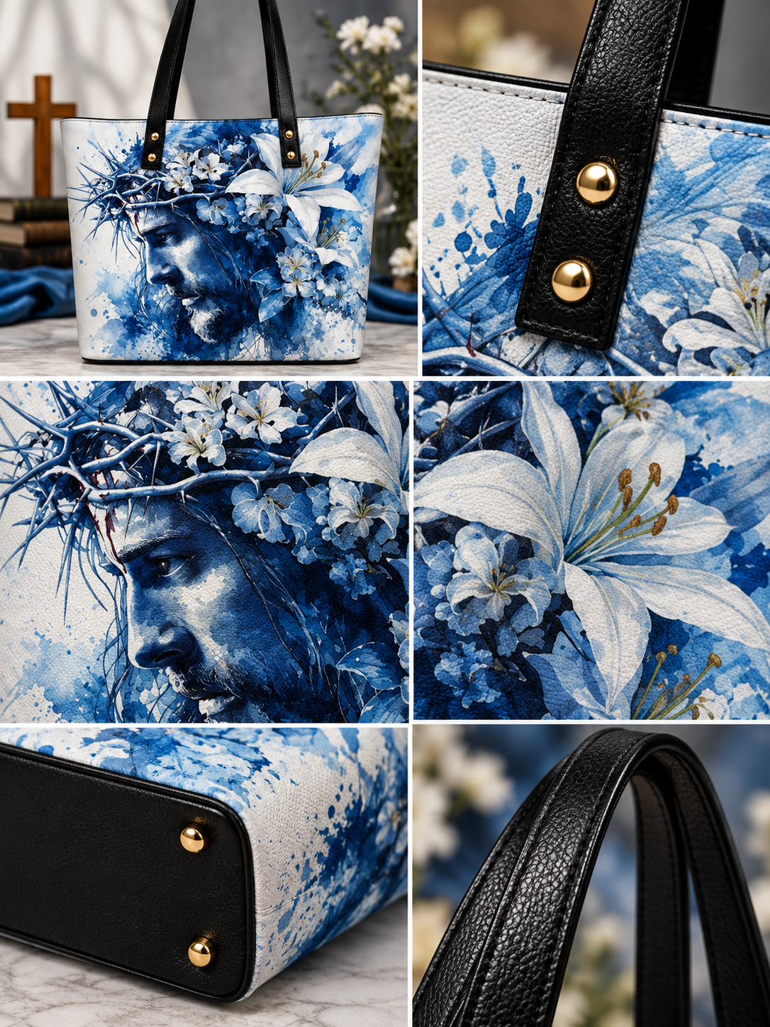 Crown of Thorns Serene Savior Blue Watercolor & Lilies Shoulder Tote Bag