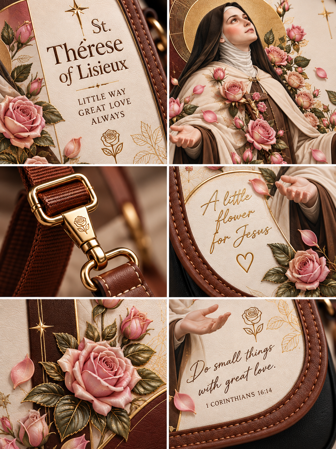 A six-panel collage showing a close-up of a brown leather religious bag or plaque featuring St. Thérese of Lisieux, pink roses, gold lettering, and decorative floral artwork.
