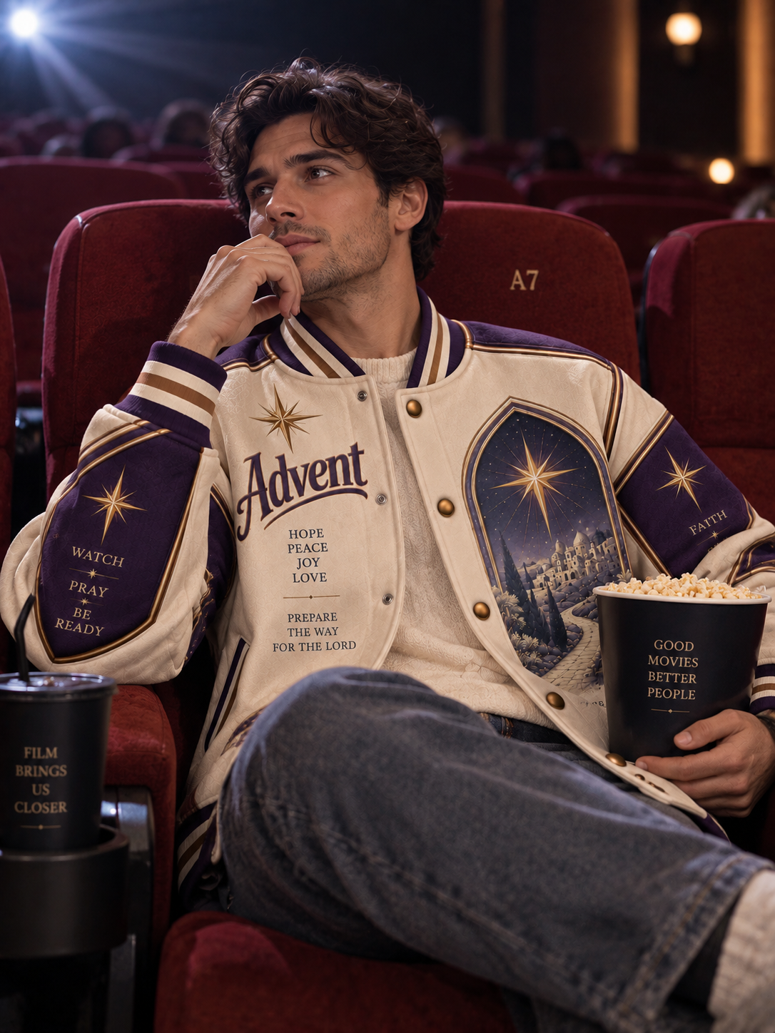 A man sits in a movie theater red seat wearing a cream and purple varsity jacket with 'Advent' printed on the front. He holds a bucket of popcorn next to him.