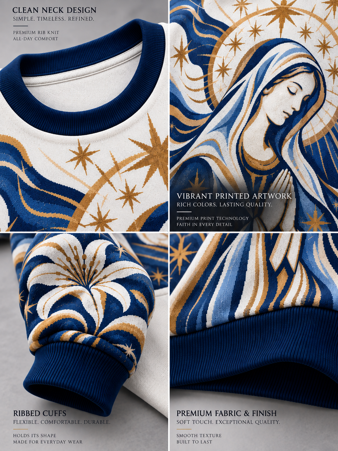 A four-panel product collage showing a knit sweater close-ups: a clean neck design, a vibrant printed artwork panel with a blue, cream, and gold religious-style portrait and star motif, ribbed cuffs, and premium fabric/finish details. Text overlays describe the features.